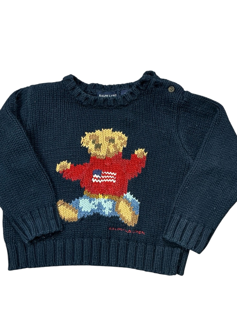 Vintage Polo Ralph Lauren navy chunky knit sweater toddler 2T made in Hong Kong
